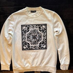 Dolce & Gabbana White Crewneck Sweater with Majolica Ornate Design Size S